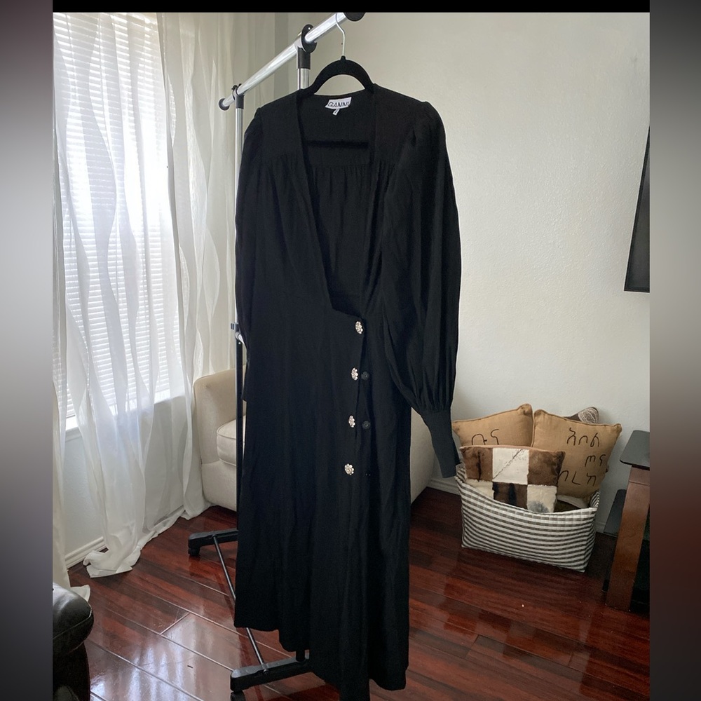 GANNI Black Wrap Dress Size 40 – Elegant Long Sleeve Midi with Statement Buttons